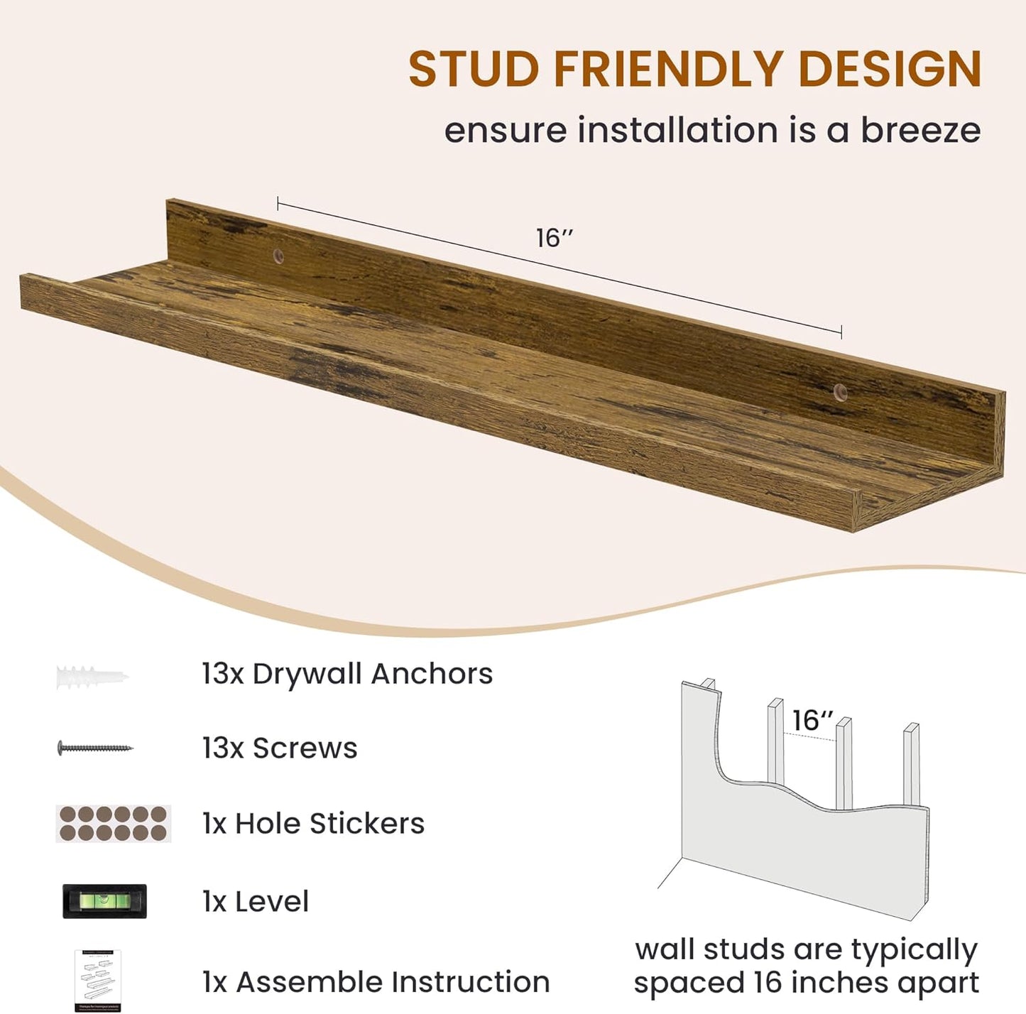 Axeman Picture Ledge Shelf, Floating Shelves for Wall Decor Set of 6, 24 inch Floating Wall Mounted Shelves, Wall Shelves with Lip for Living Room, Bedroom, Nursery, Bathroom, Kitchen, Rustic Brown