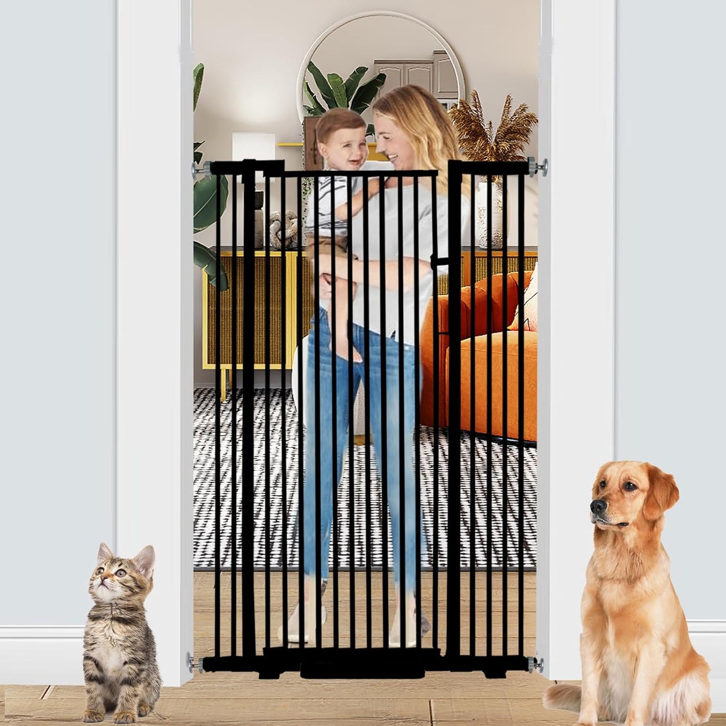 55.1 Inch Tall Baby Gate Auto Close Dog Gate Adjustable 29.92" - 43" Wide Pressure Mounted Walk Through Swing Pet Gate for Doorways (Black, 29.92" - 43")