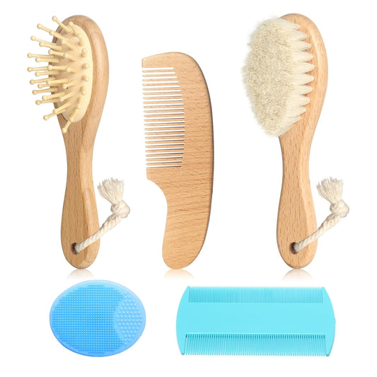 Wooden Natural Goat Bristle Brush and Cradle Cap Comb Set - 5 in 1 Baby Grooming Kit for Newborns, Toddlers, Boys, and Girls (Blue)