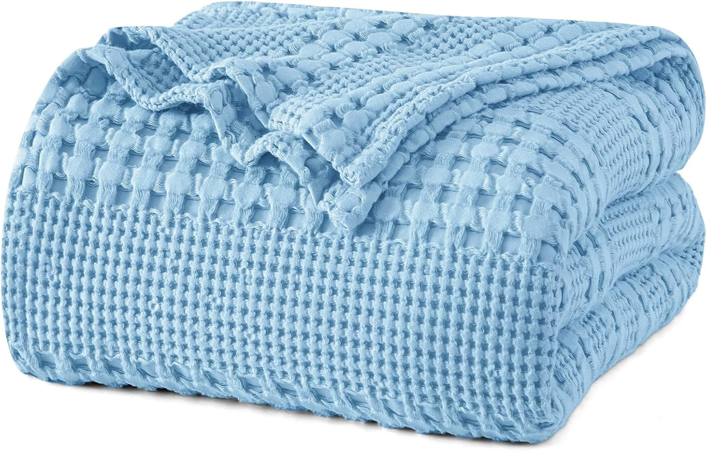 PHF 100% Cotton Waffle Weave Blanket King Size, Soft Lightweight Breathable Cozy Summer Blankets for Bed, Luxury Aesthetic Woven Bedding for Home Decor, 108"x90", Sky Blue