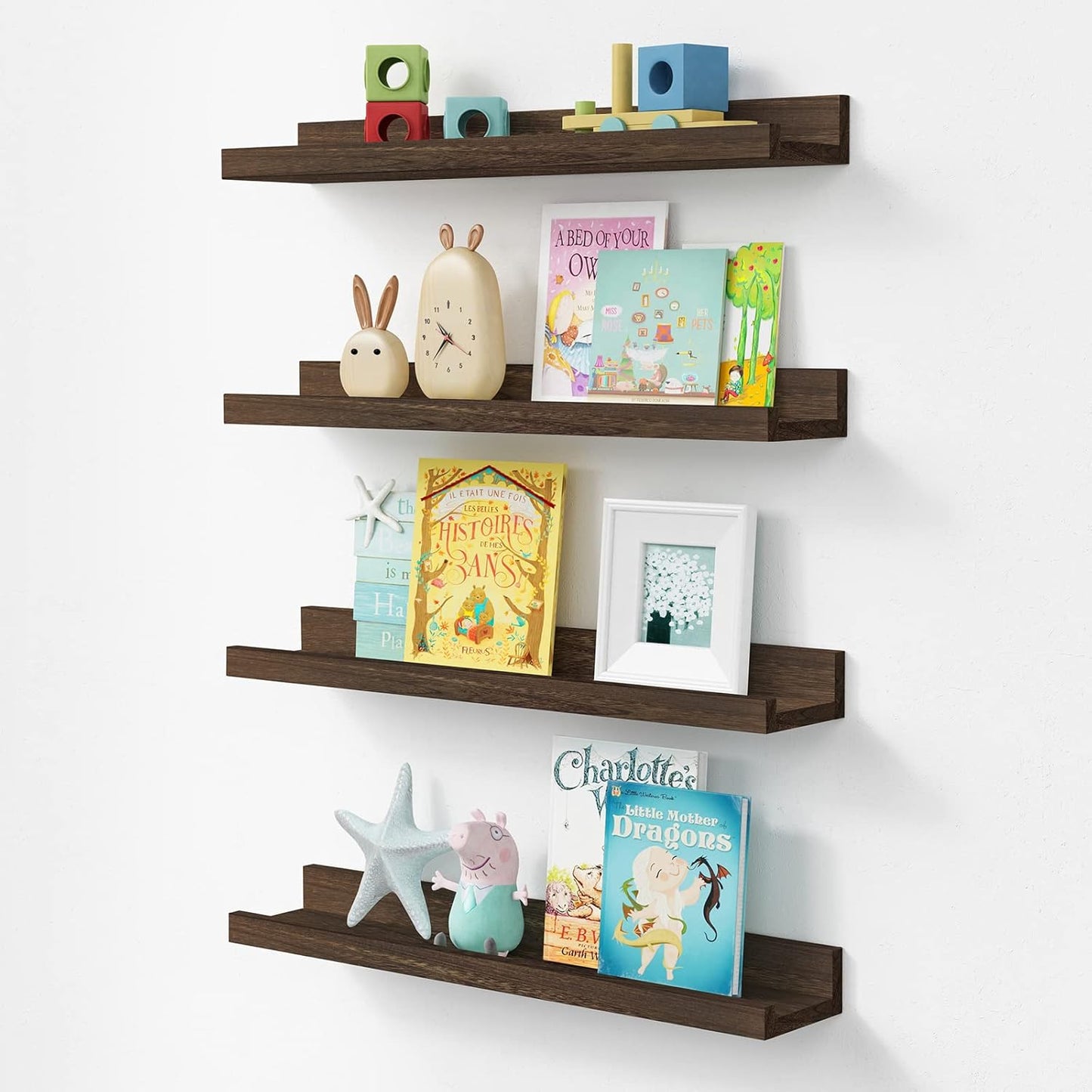 Forbena Rustic Picture Ledge Shelf Set of 4, Floating Picture Shelves for Wall with Lip, Wood Photo Ledge Shelves for Bedroom, Living Room, Office, Wall Decor (23.1 Inch Wide, Dark Brown)