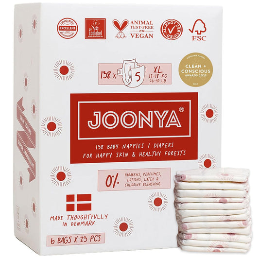 Joonya Baby Diapers, Size 5 XL (26-40 lb) - 6 Bags of 23 (138) - New Range - NonToxic, Eco-Friendly, Ultra Slim, Overnight Use - Made in Denmark