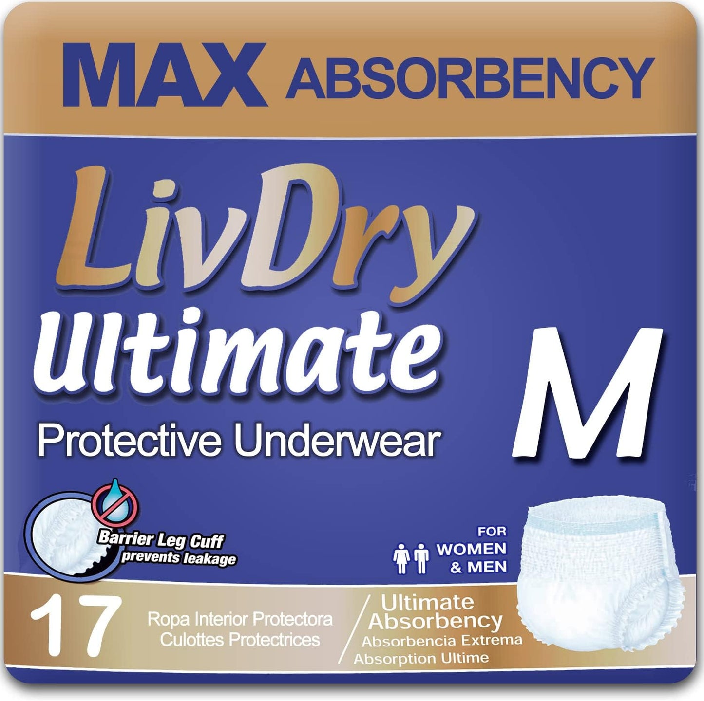 LivDry Ultimate Adult Incontinence Underwear, Max Absorbent Adult Diapers with Leak Protection, Medium, 17-Pack