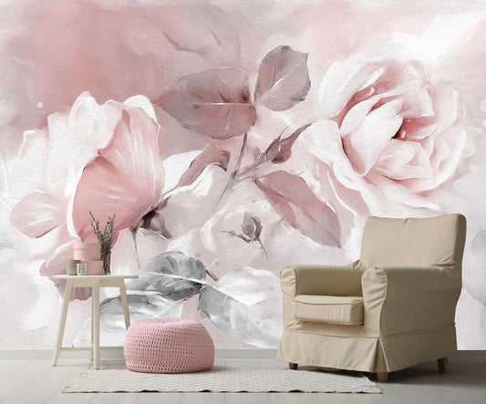 Pink Watercolor Peony Floral Mural Wallpaper Rose Flower Wall Mural for Living Room Bedroom Dining Room Office(Not Self-Adhesive)