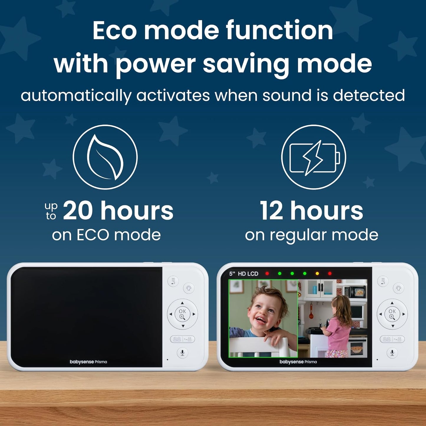 Babysense Prisma Baby Monitor with Camera and Audio, 5” HD Video Baby Monitor, 6-Color Night Light, Split Screen, Baby Sound Machine with White Noise & Lullabies, Secure No WiFi