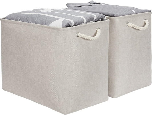DULLEMELO 2-Pack Large Storage Baskets for Organizing Canvas Fabric Storage Basket Bins With Rope Handles for Shelf Clothes Empty Gift Basket (Beige)