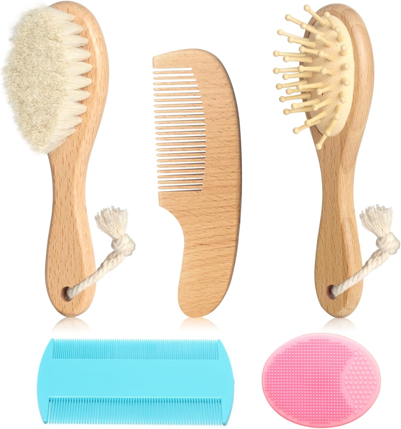 Goat Baby Hair Brush Set, Wooden Comb Massage Scalp Comb, Safe Natural Hair Care Kit, Soft Silicone Bath Brush for Newborns Toddlers (Brush Set+ Pink Massager)