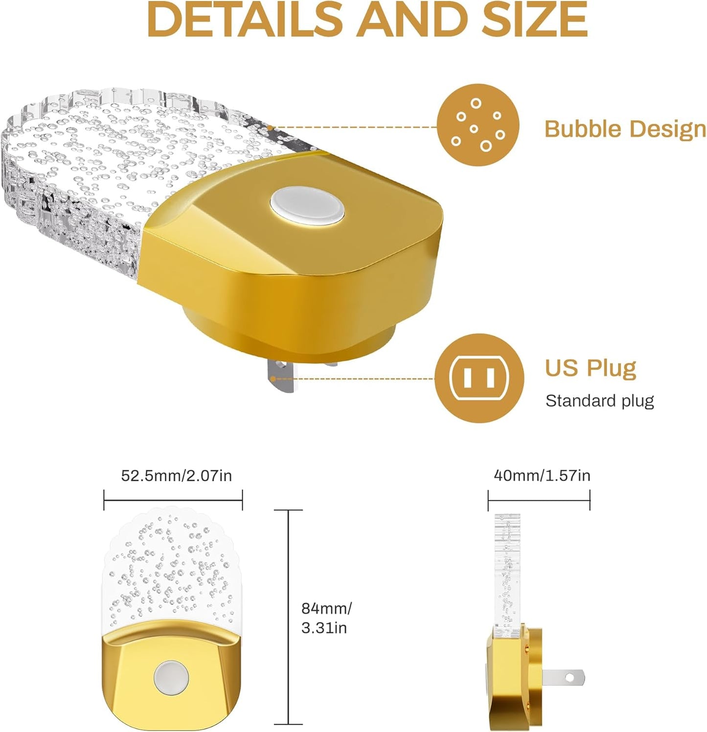 Night Lights Plug into Wall, 2 Pack, Night Light Color Changing, LED Acrylic 8 Colors RGB, Gold Cover Nightlight for Kids,Bathroom, Dusk to Dawn Sensor, Warm White 3000K for Bedroom, Hallway