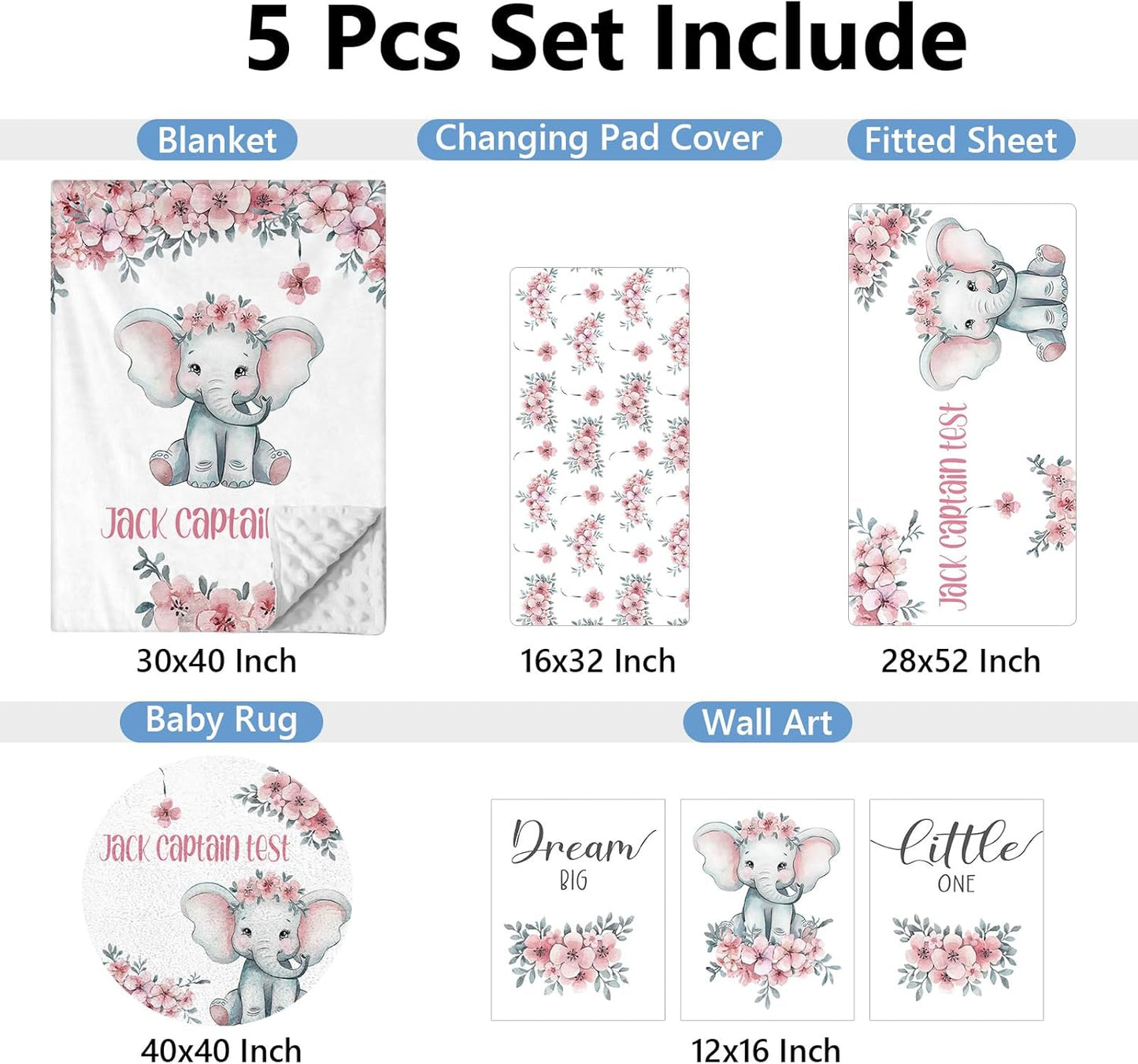 Personalized Nursery Bedding Set, 5 Pcs Custom Crib Sets, Soft Baby Girl Set with Name, Double Layer Elephant Infant Bedding Set Customized Gifts for Toddlers