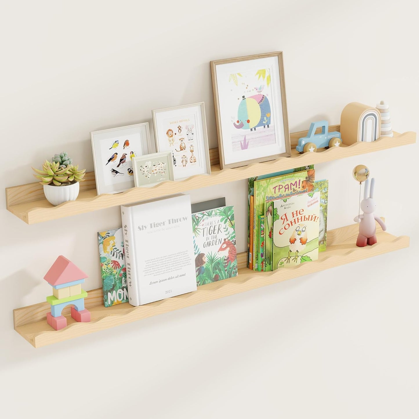 Fun Memories Picture Ledge Shelf for Wall, 48 inch Pine Wood Nursery Book Shelves Set of 2- Wall Book Shelves for Kids Room, Home Decor - Kitchen Spice-Natural
