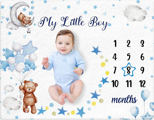 Sleeping Bear Monthly Baby Milestone Blanket Bear Star Balloon Flannel Blanket Boy Newborn Infant Swaddle Growth Baby Frame for Boys Girls Nursery (Blue)