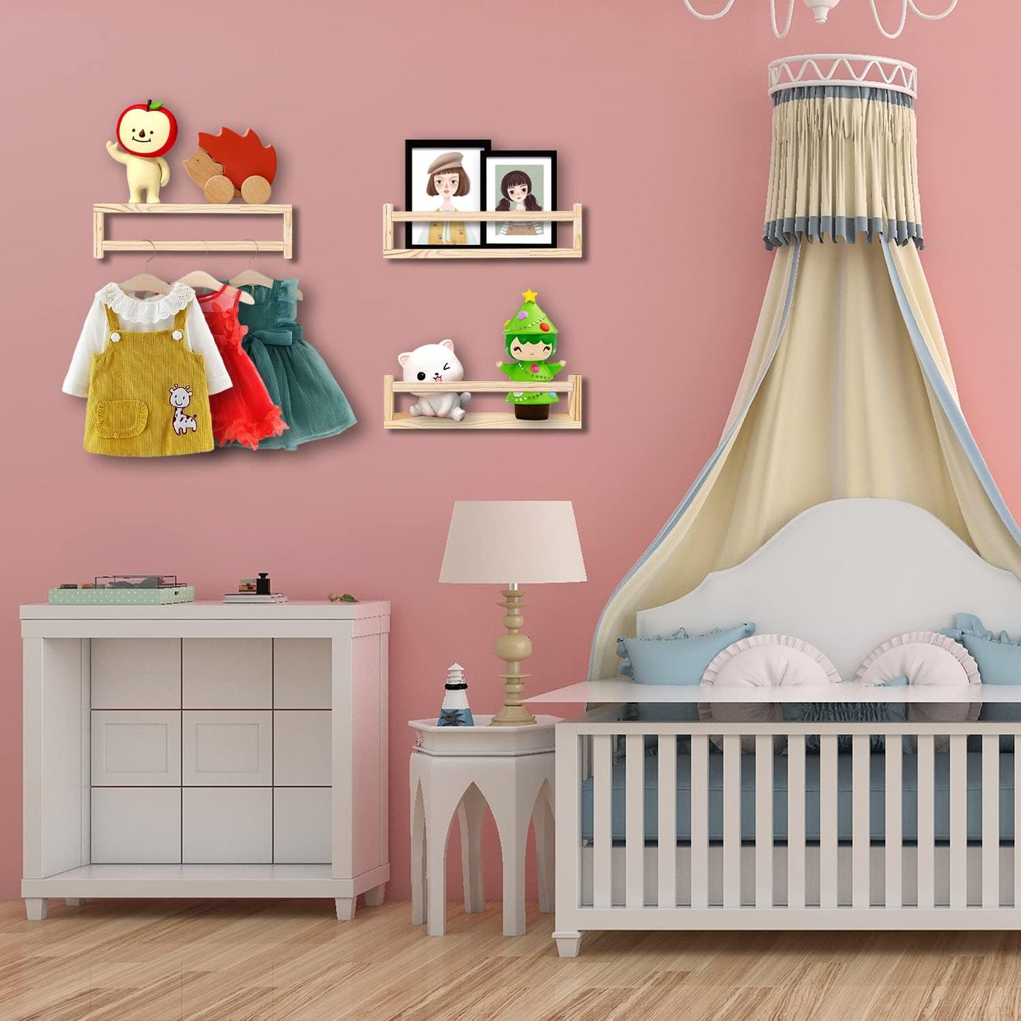 Nursery Book Shelves, 16.5 Inch Floating Bookshelves for Kids Room and Playroom Decor, Set of 3, Solid Wood Wall Mounted Shelves for Books and Toys Storage (Nature)