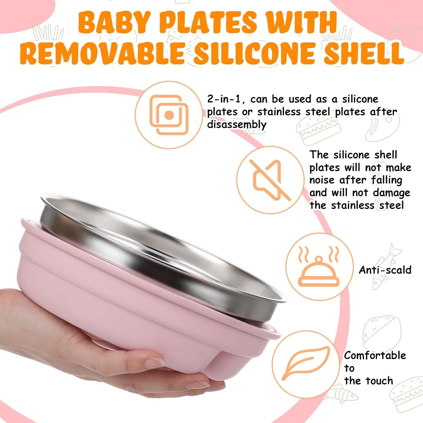 Nuogo 1 Pcs Stainless Steel Baby Suction Plates with Removable Silicone Shell 2-in-1 Metal Toddler Bowl Divided for Picky Eaters Kids Feeding Led Weaning Supplies, Dishwasher Safe (Dark Pink)