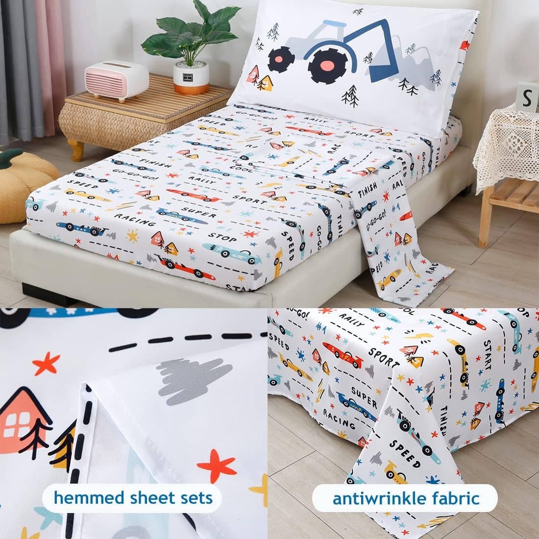 PERFEMET Comforter Set for Twin Bed Reversible Cars Pattern Bedding Set Soft Microfiber Bed in a Bag for Kids Boys Teens All Season Use(White, Twin)