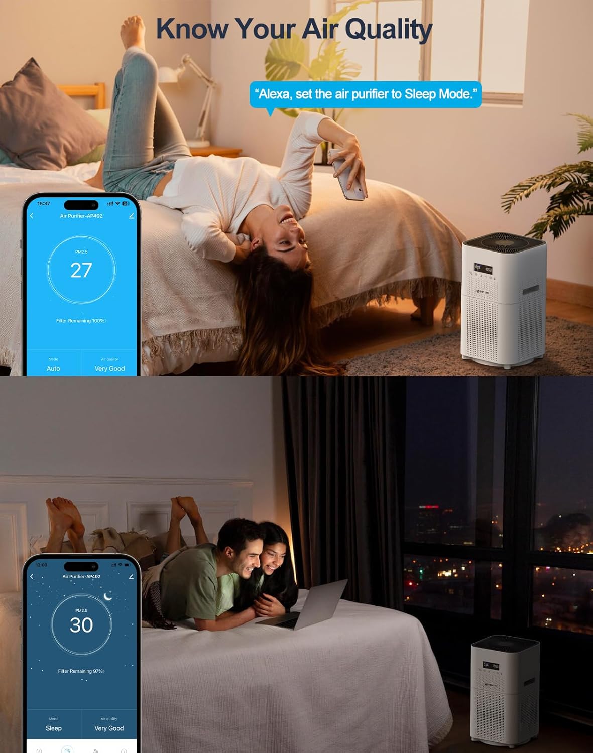Smart WIFI Air Purifiers for Home Large Room Up to 3000 Sq Ft, APP & Alexa Control Air Cleaner, H14 Ture HEPA Filter for Allergies Pet Dander Smoke Dust, 22dB Sleep Mode for Bedroom