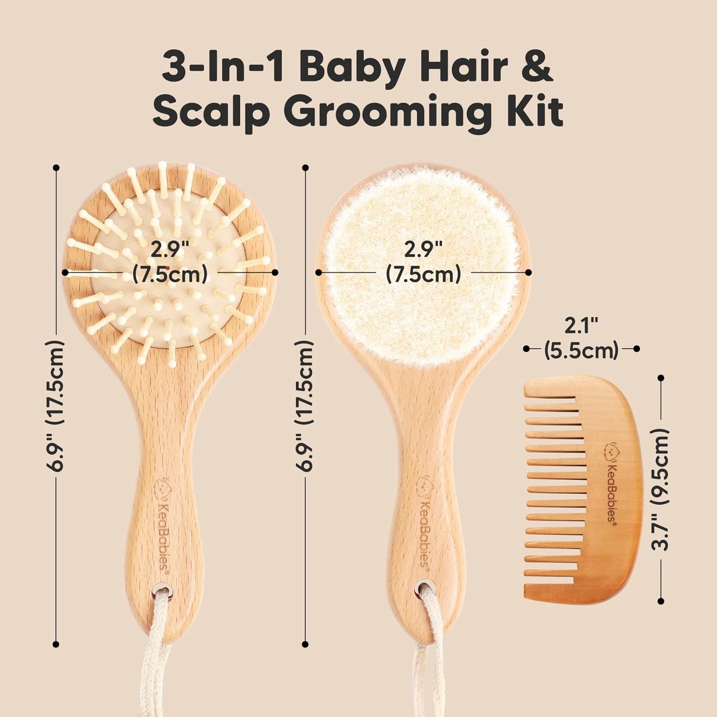 Baby Hair Brush and Comb Set for Newborn - Wooden Baby Hair Brush Set with Soft Goat Bristle, Baby Brush Set for Newborns, Baby Brush and Comb Set Girl, Boy, Toddler Cradle Cap Brush (Round, Walnut)