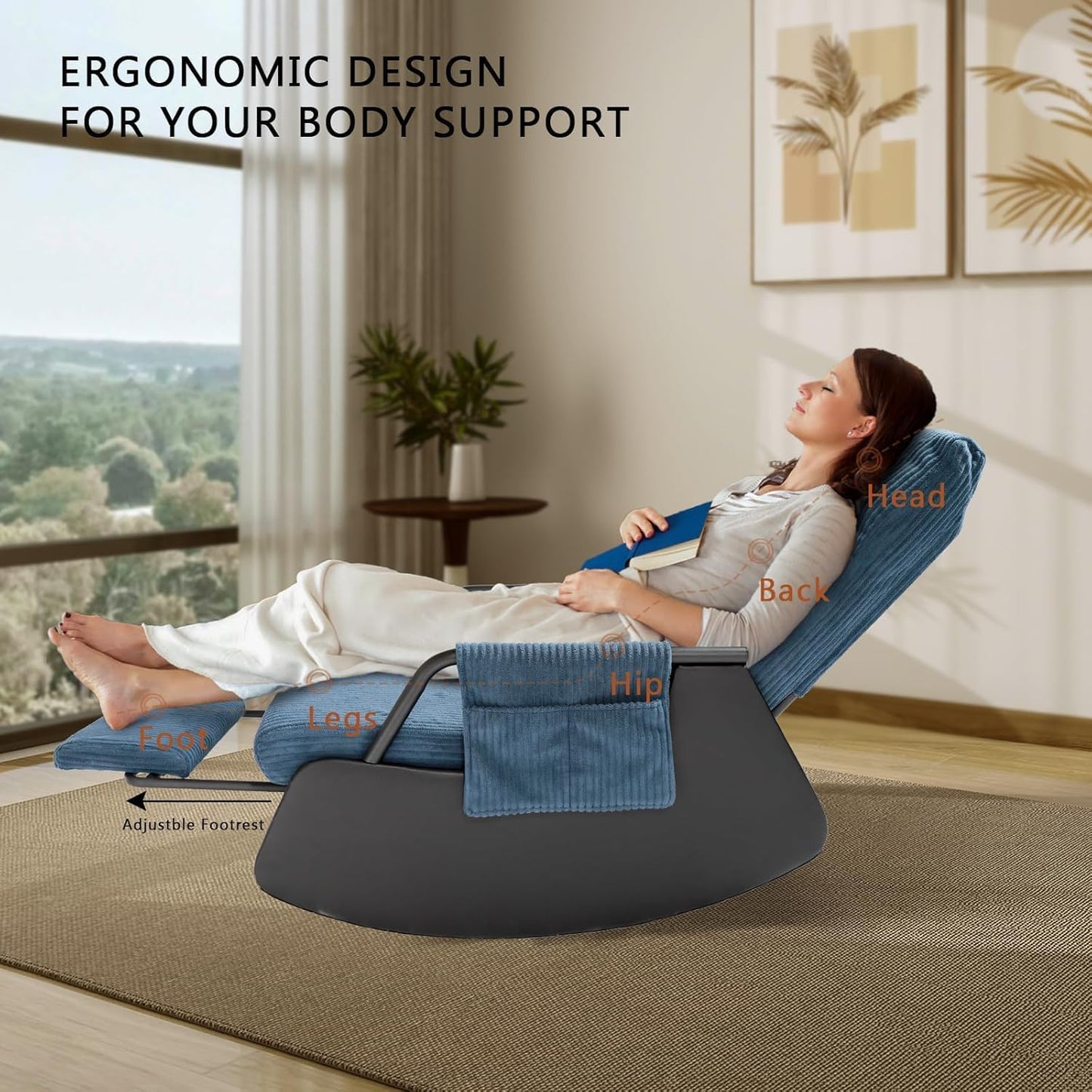 Rocking Chair for Nursery, Modern Upholstered Plush Seating Glider Recliner Chair with High Backrest and Side Pocket, Accent Armchair with Cushions for Living Room/Reading (Blue)