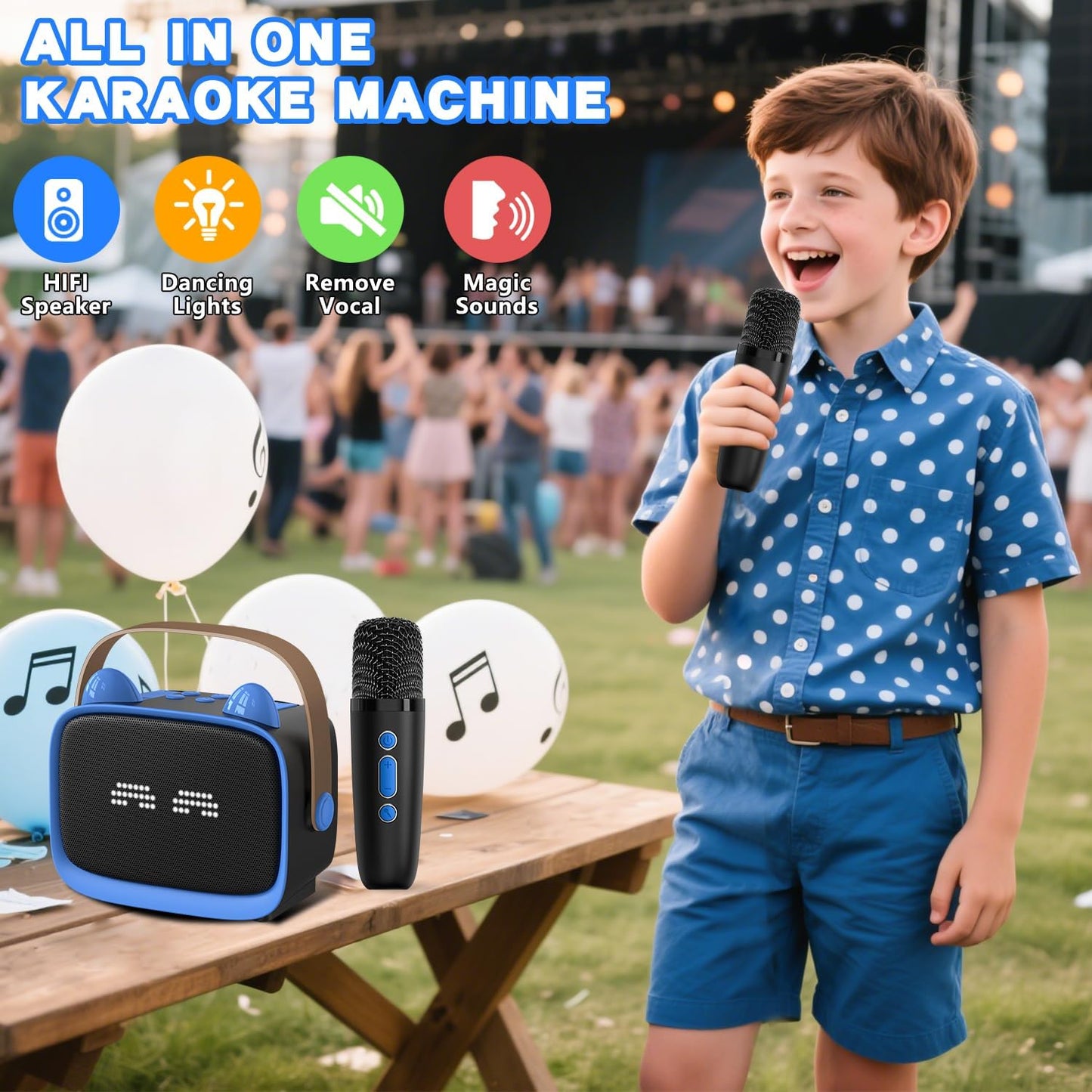 Mgaolo Upgraded Mini Karaoke Machine Toy for Kids, Portable Bluetooth Speaker with 2 Wireless Mics, Emoji & Colorful LED Lights, Home Travel & Party Play Gifts for Boys Girls (Blue)