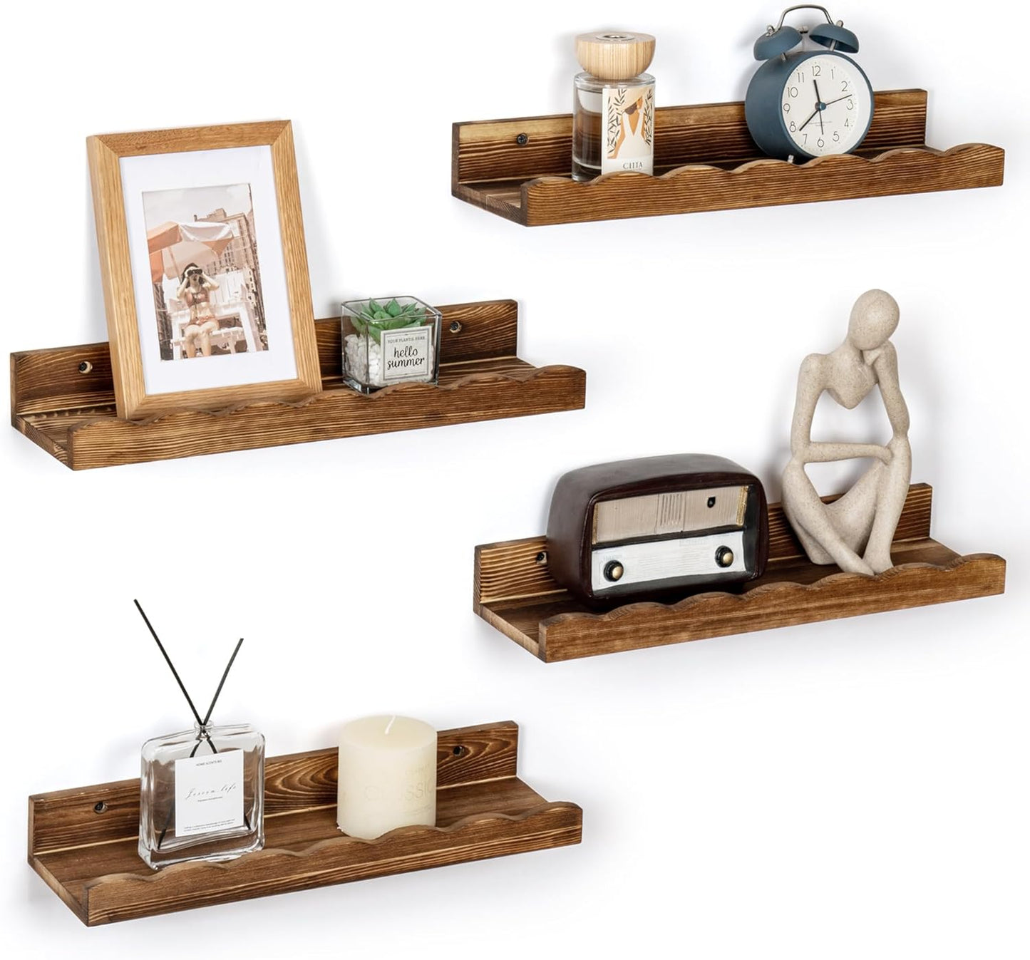 Fun Memories Picture Ledge Shelf for Wall, 16 inch Pine Wood Nursery Book Shelves Set of 4- Wall Book Shelves for Kids Room, Home Decor - Kitchen Spice-Carbonized