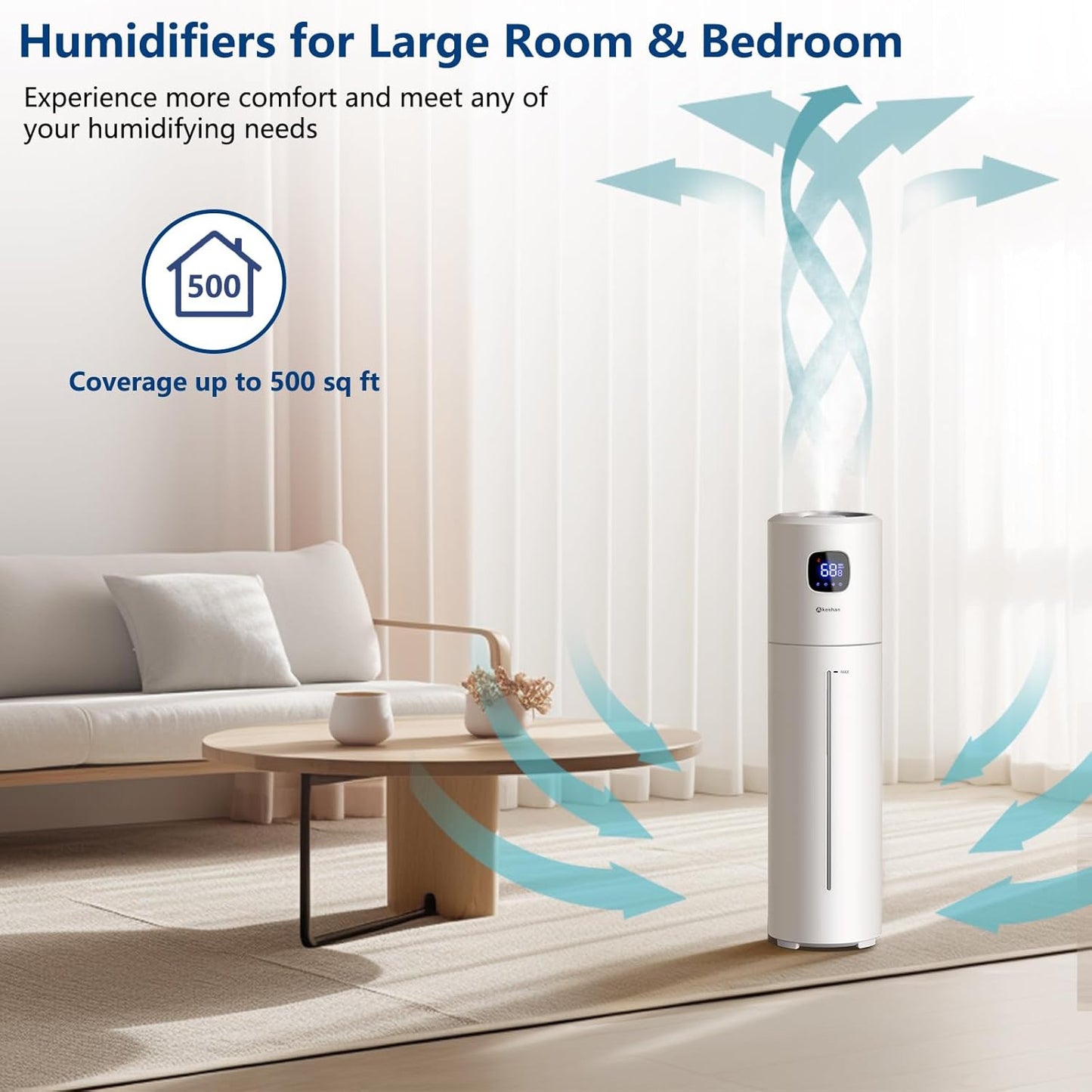 Large Humidifiers for Bedroom, 9L/2.5Gal Ultrasonic Cool Mist, Easy Clean with 350ML/H Large Mist Speed, Quiet Tower, Suitable for Kids Room Plant Yoga (White)