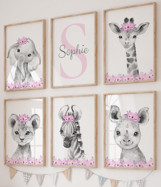Personalized Safari Animals for Baby Girls Nursery Bedroom Unframed Set of 6 Poster Prints, Personalized Name Pink Purple Flowers Wall Art Decor New Baby Gift Present, Elephant Giraffe Panda Zebra Lion (8x10)