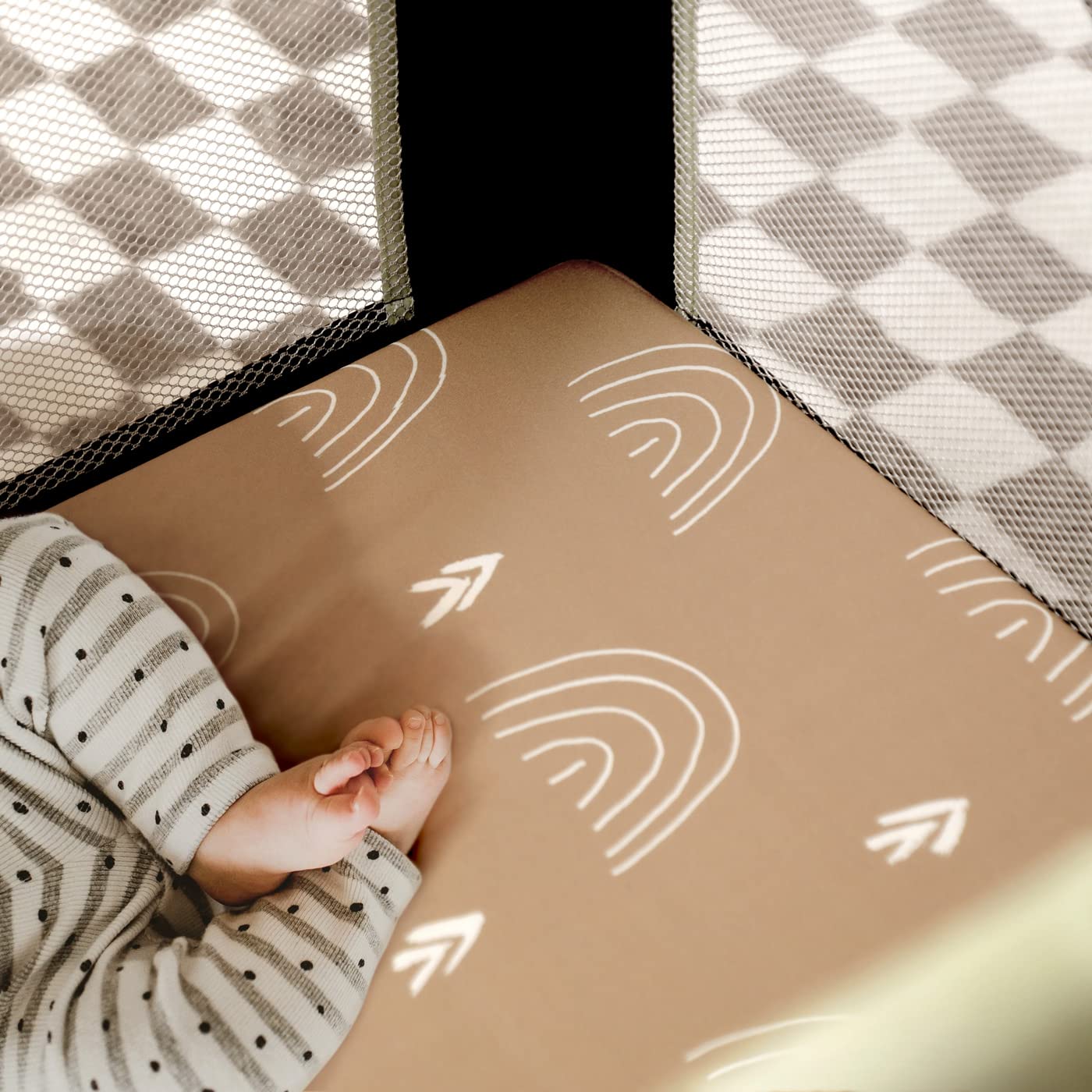 GRSSDER Stretchy Ultra Soft Jersey Knit Fitted Pack n Play Sheets Set 2 Pack, Neutral Portable/Mini Cribs Sheets, Fit Playpen Mattress Pads Safe and Snug, Jungle Bear/Rainbow for Baby