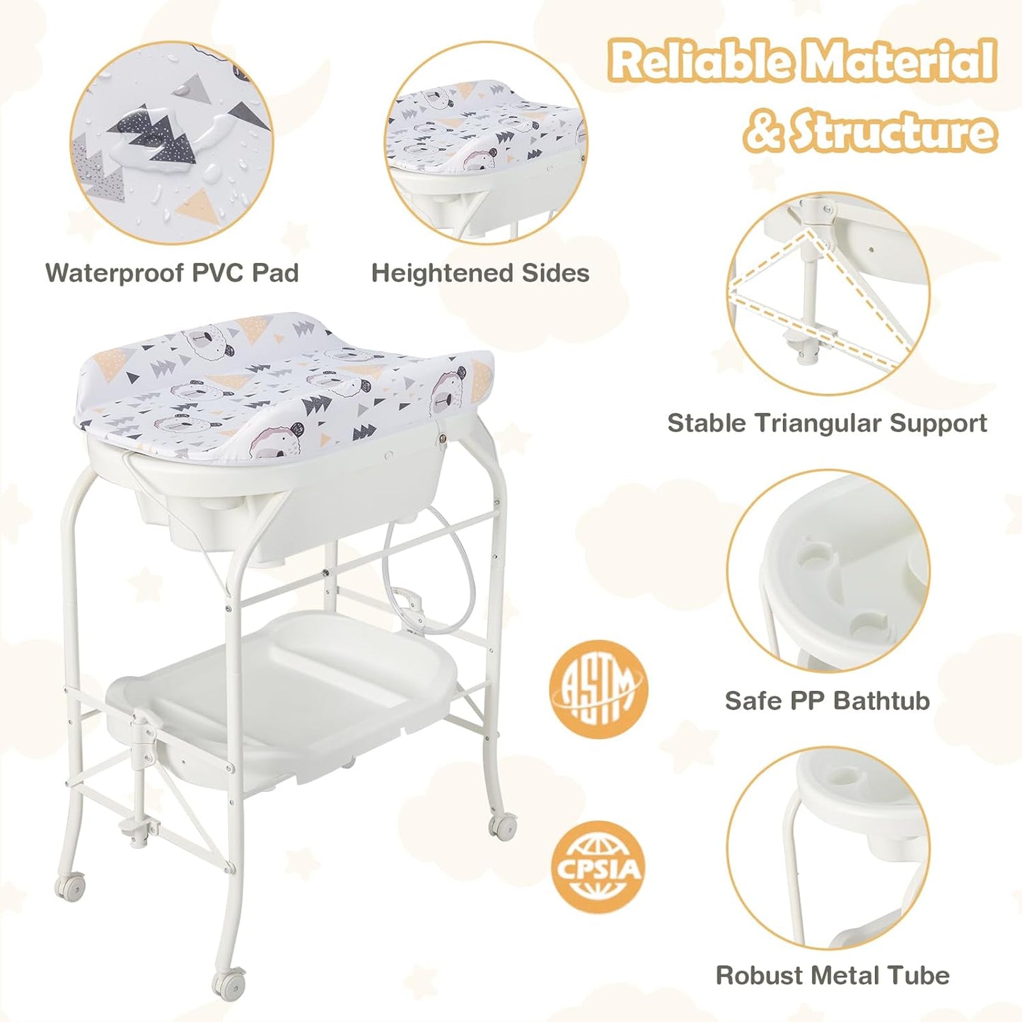 HONEY JOY Baby Changing Table with Bathtub, Foldable Infant Diaper Changing Station with Wheels, Storage Tray, Waterproof Pad, Portable Newborn Nursery Organizer Bath Stand for Boys Girls (White)