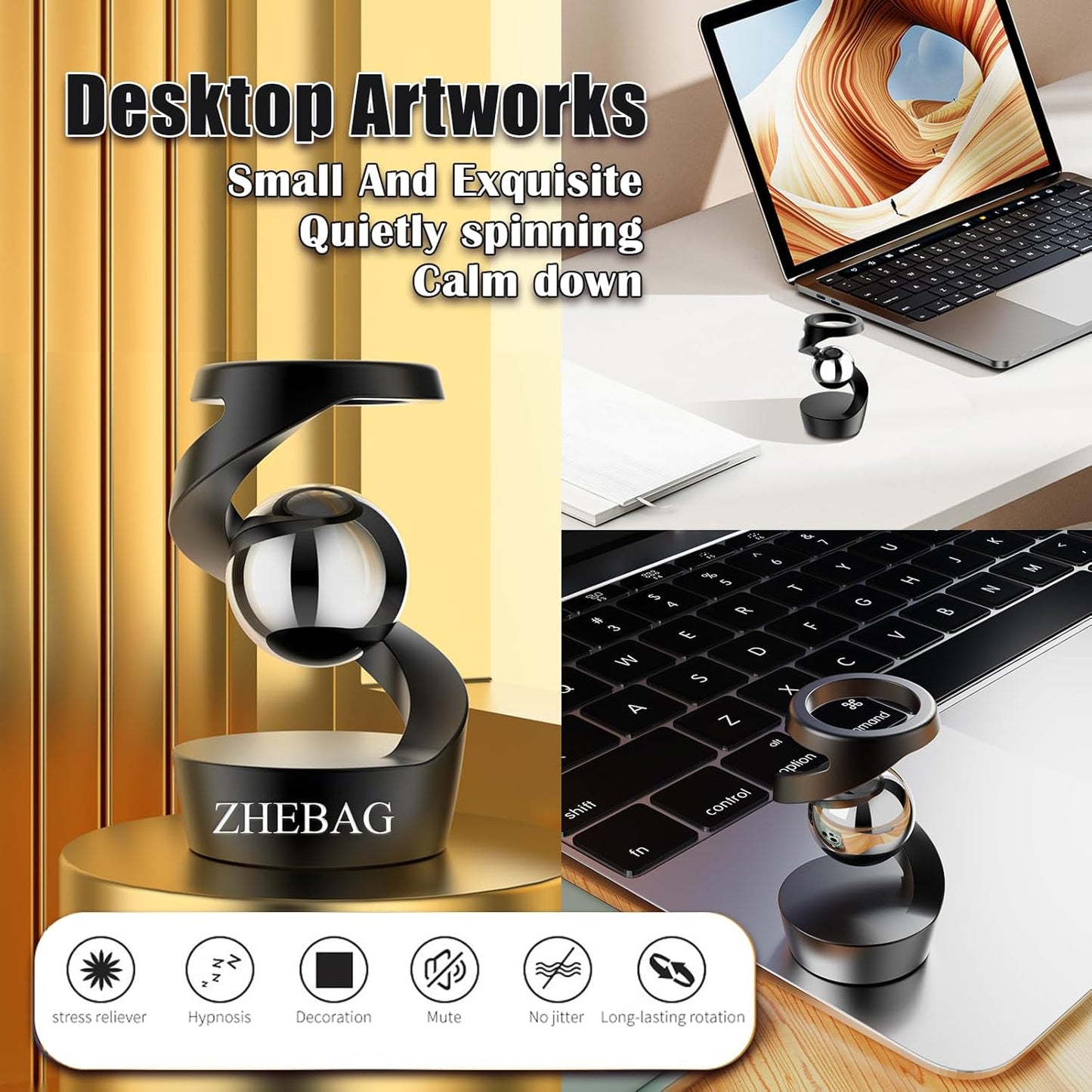 Kinetic Desk Toy, Metal Fidget Toys for Adults, Unique Optical Illusion Stress Reducing Desktop Spinning Toy, Adult Sensory Toys, Decorative Gifts for Offices and Cars(Gold-Silver)