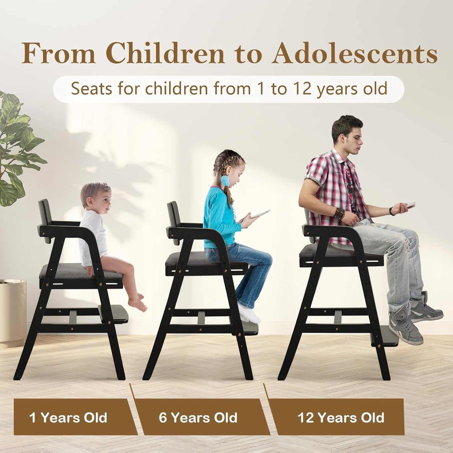 Solid Wood High Chair for Toddlers to Teens, Adjustable Height Toddler Dining Chair, Easy to Clean Toddler Highchair with Removable PU Cushion for Dining, Studying, Step Tool, Black