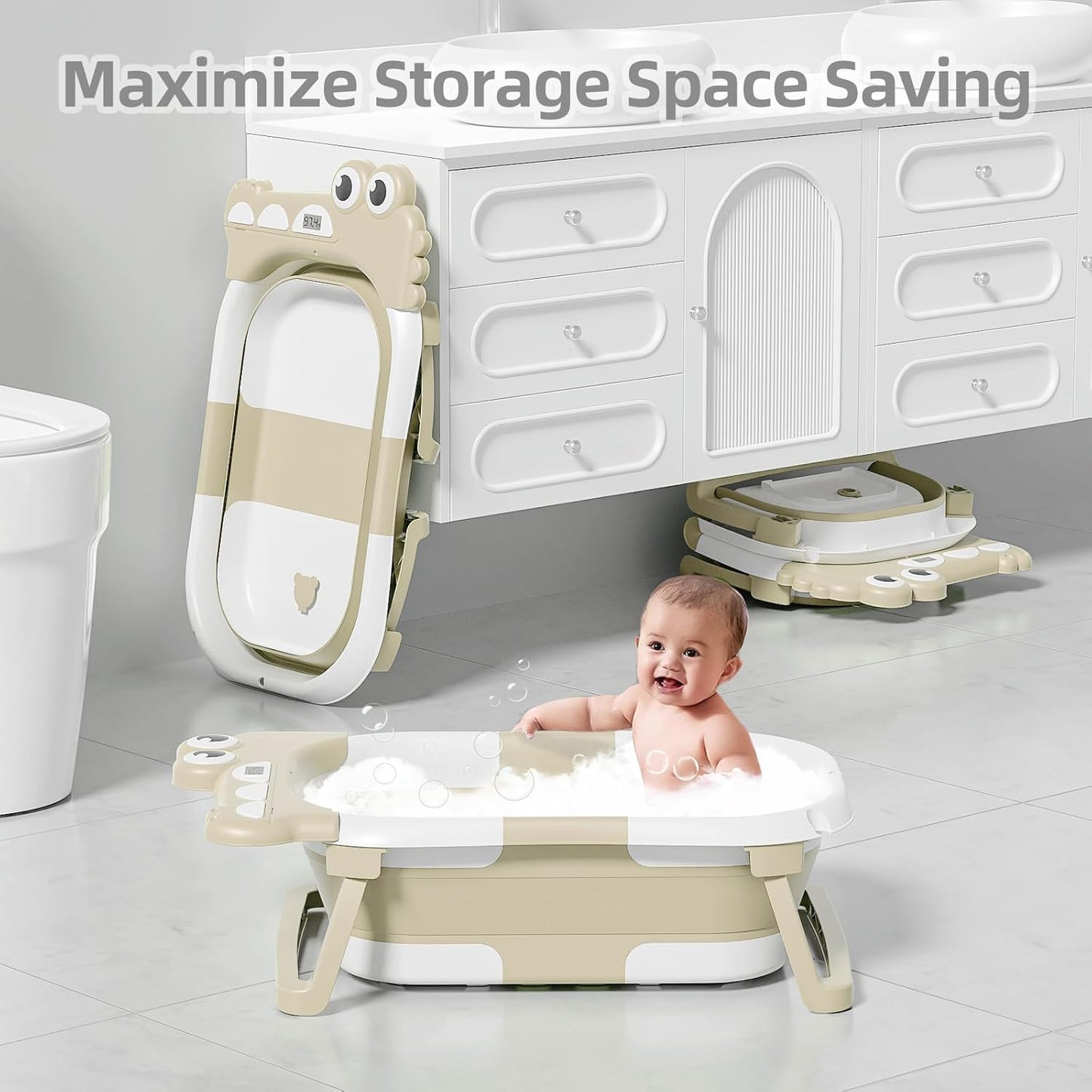 MoreFeel Collapsible Baby Bathtub for Newborn with Thermometer & 1 Hooded Towel & 1 Soft Floating Cushion,Portable Travel Bathtub with Drain Hole, Durable Foldable Baby Tubs for Infants to Toddler