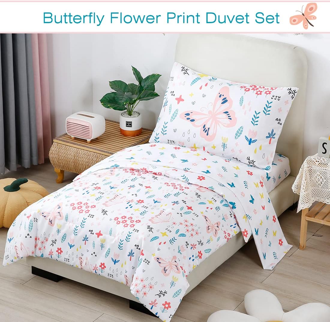 PERFEMET 5 Pieces Girls Bed in A Bag Full Size Reversible Pink Flowers Butterfly Comforter Set with Sheet Soft Lightweight Botanical Floral Bedding Set for Kids Teen(White, Full)