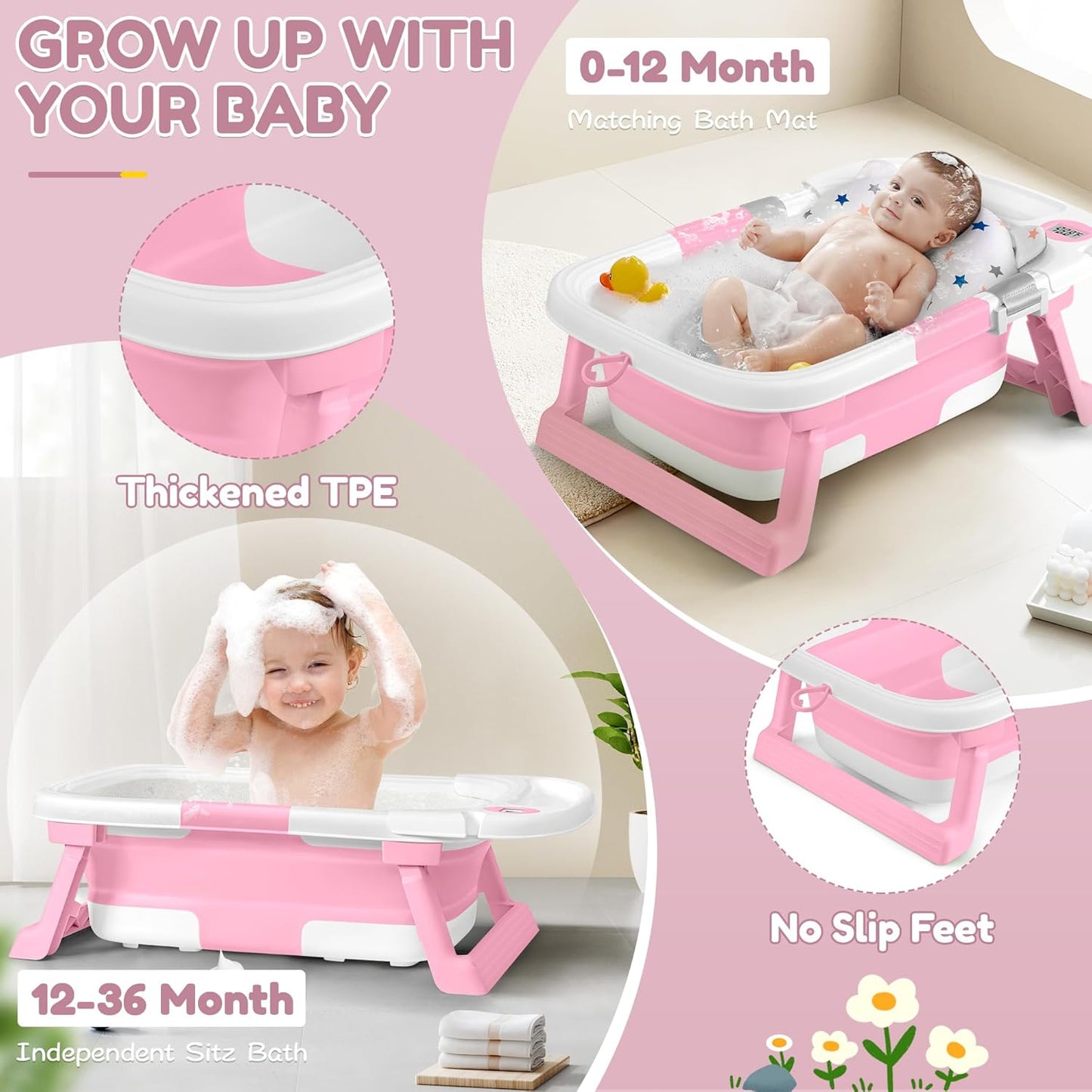 Collapsible Baby Bathtub,Baby Bath Tub with Thermometer & Soft Cushion,Baby Bathtub for Newborn to Toddler 0-36 Months,Portable Travel Baby Tub with No-Slip Feet,Baby Shower Gifts,Pink