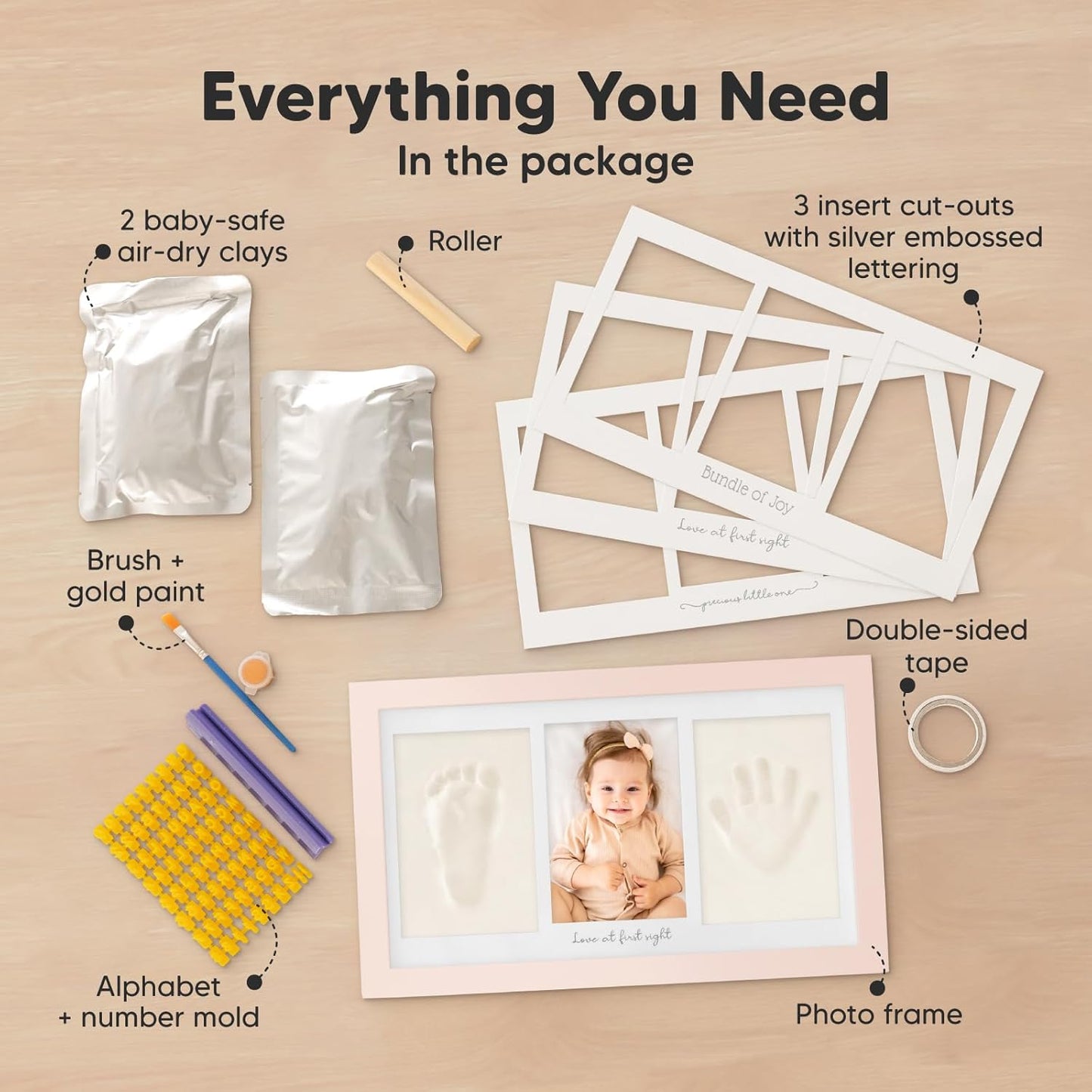 Baby Hand and Footprint Kit - Clay Handprint Keepsake Frame, Newborn Nursery Picture Frame, Personalized New Mom Gifts for Baby Shower & Registry (Petal Pink)