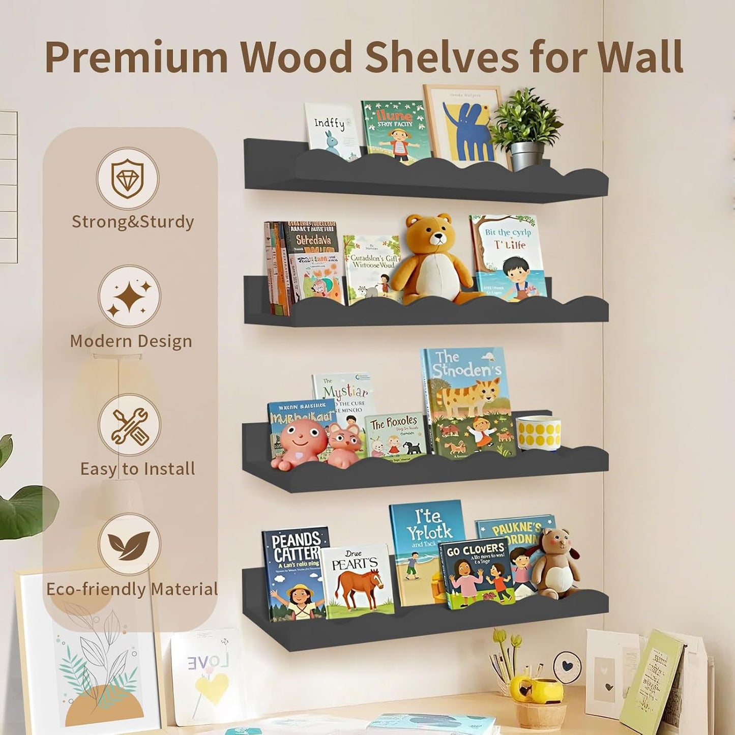 Nursery Book Shelves, 4 Pack Black Floating Shelves for Wall, Wood Scalloped Shelves for Storage Books, Wall Book Shelf for Kids Rooms, Bedroom, Toddler Room, Baby Room, Nursery Decor