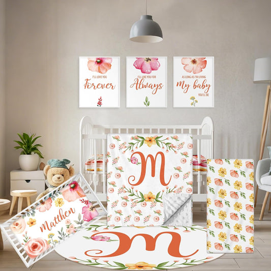 Custom Baby Bedding Set - 5 Pcs Customized Nursery Bedding Set with Name - Comfortable Double Layer Crib Sets for Girls Boys - Personalized Gifts for Toddler Infant New Parents - Orange Flowers