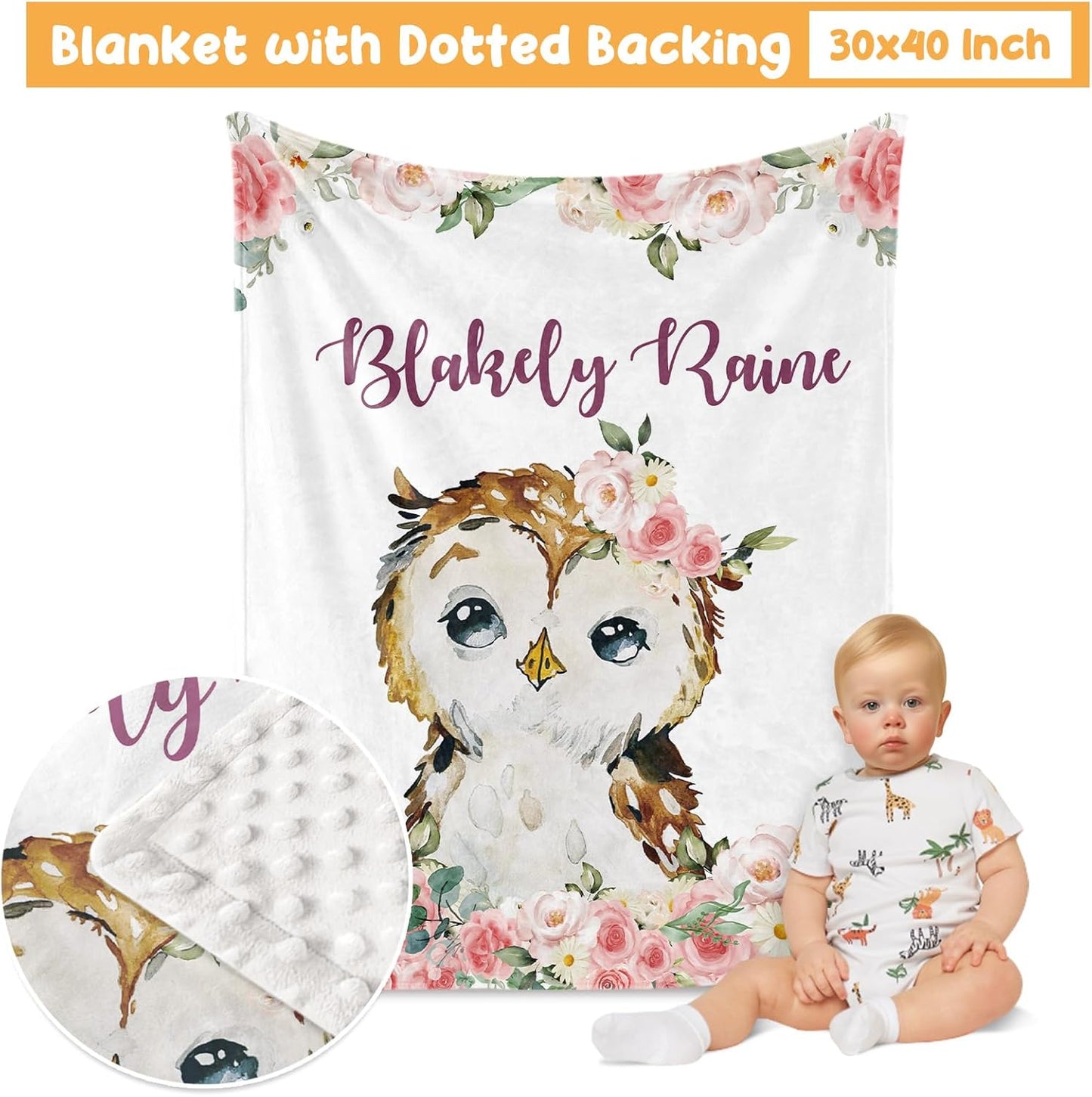 Custom Crib Bedding Set - Owl Design Personalized Name Baby Nursery Bed 3 Pcs Set - Chic Soft Blanket with Dotted Backing, Sheet, Pillowcase for Newborn Girls Boys Gifts Color22