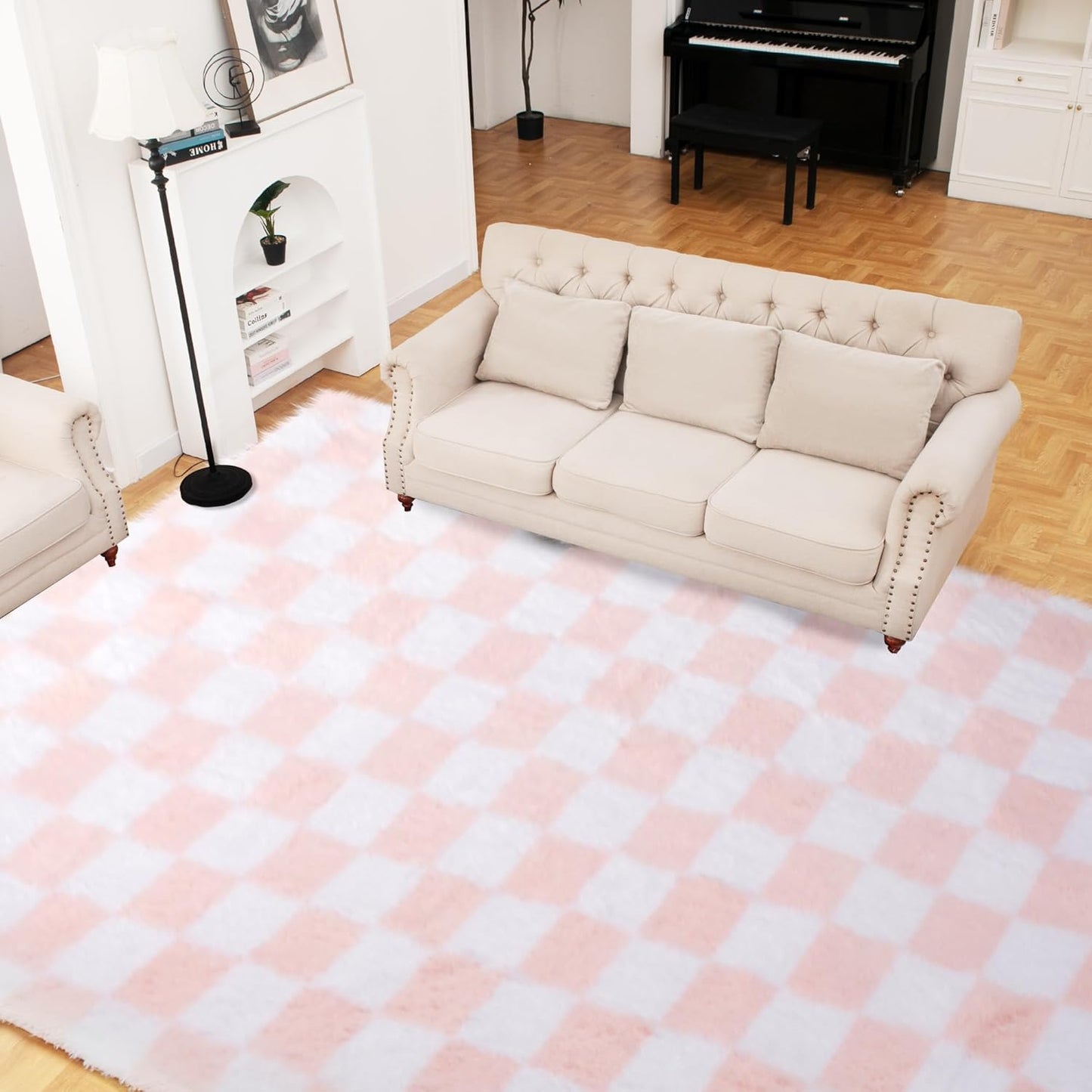 Super Soft Rug for Bedroom, 5x8 Ft Pink and White Area Rug Classic Checkered Shaggy Anti-Skid High Pile Soft Fluffy Rug Fuzzy Carpet for Living Room Bedroom Kids Room Nursery, Dorm Home Decor