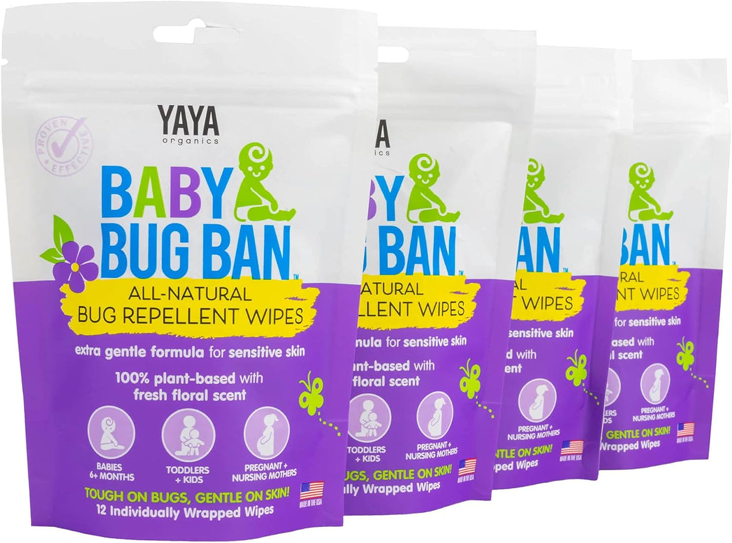 YAYA ORGANICS Baby Bug BAN Insect Repellent Wipes – All-Natural, DEET-Free, Non-Toxic, for Babies, Kids and Sensitive Skin (48 Count, Pack of 4)