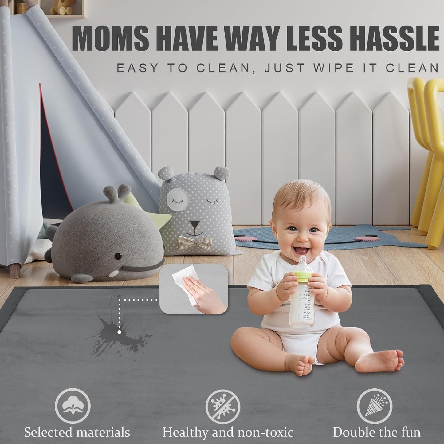 Thick Play Mat for Baby, 50 X 50x 1.3" Memory Foam Playpen Mat,Ultra Soft Tummy Time Mat with Non-Slip Backing, Baby Crawling Mat Child Nursery Rug for Infant, Toddlers, Kids (Dark Gray)