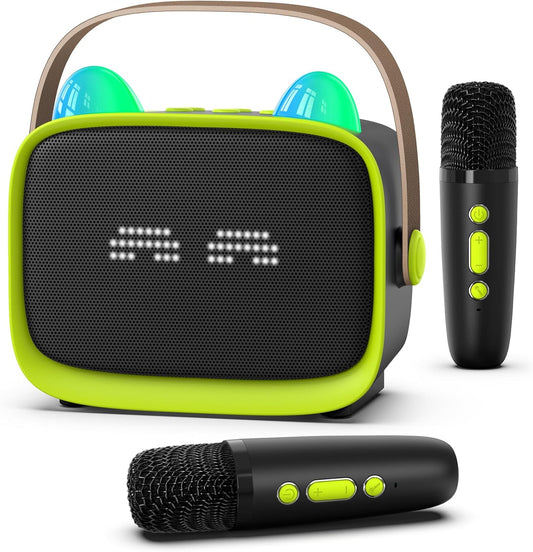 Mgaolo Upgraded Mini Karaoke Machine Toy for Kids, Portable Bluetooth Speaker with 2 Wireless Mics, Emoji & Colorful LED Lights, Home Travel & Party Play Gifts for Boys Girls (Green)