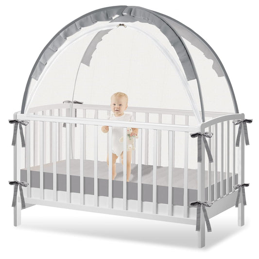 Crib Tent to Keep Baby from Climbing Out - Crib Net to Keep Baby in - Pop Up Breathable Cribs Cover - Canopy with Upgrade Strong Mesh and Durable Zipper (Grey, Lager)
