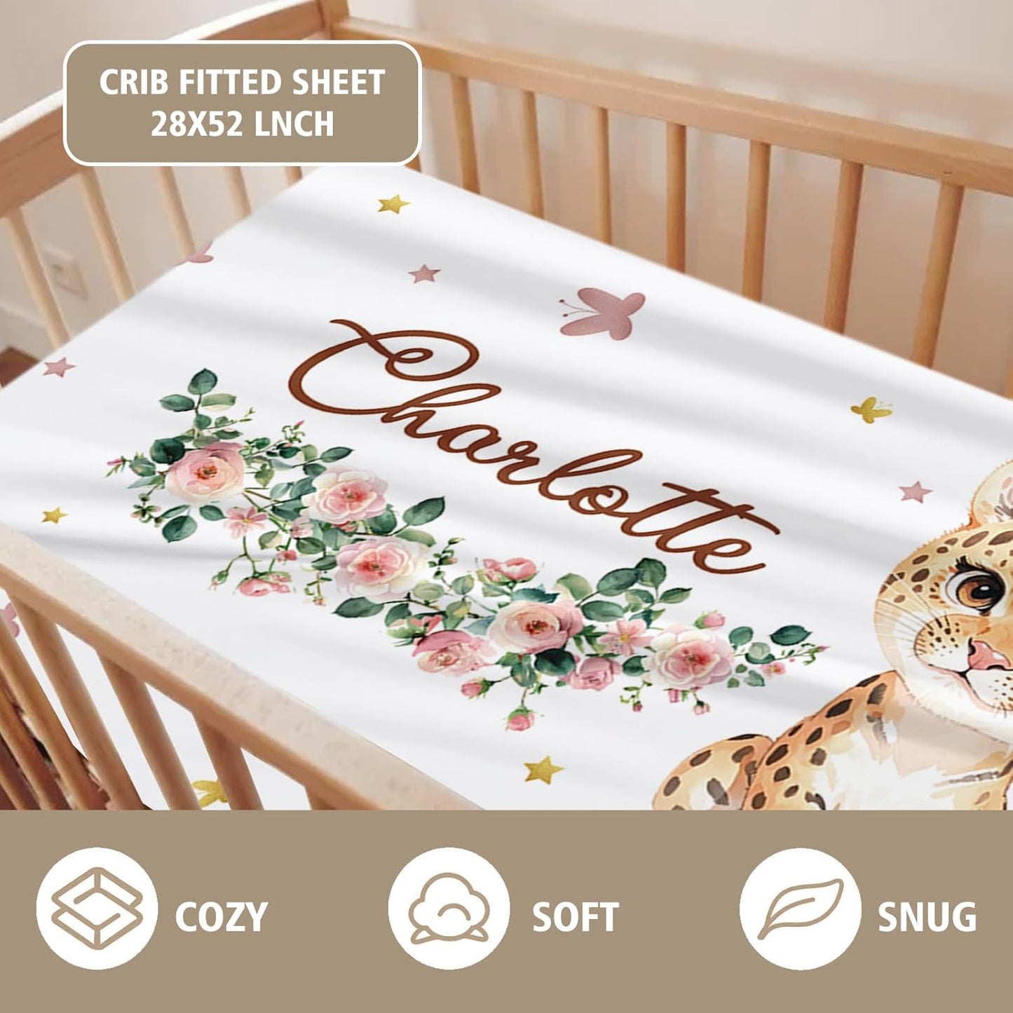 Custom Name Crib Bedding Set - Leopard Theme, Personalized Yellow Flower Nursery Bedding 3-Piece Set– Soft Blanket, Fitted Sheet, Changing Pad Cover – for Newborns Girls Nursery Gifts