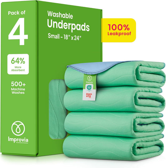 IMPROVIA® Washable Underpads, 18" x 24" (Pack of 4) - Heavy Absorbency Reusable Incontinence Pads for Kids, Adults, Elderly, and Pets - Waterproof Protective Pad for Bed, Couch, Sofa, Furniture, Floor