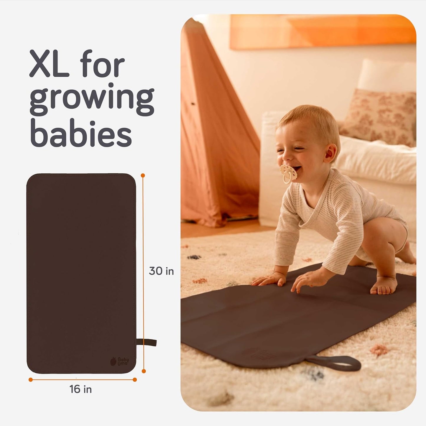 Baby Uma Vegan Leather Baby Changing Mat - Waterproof & Wipeable Changing Pad, XL for Growing Babies, Non-Toxic, Lead-Free & Phthalate-Free, Folds up for Easy Transport, 30″ x 16″ (Dark Brown)