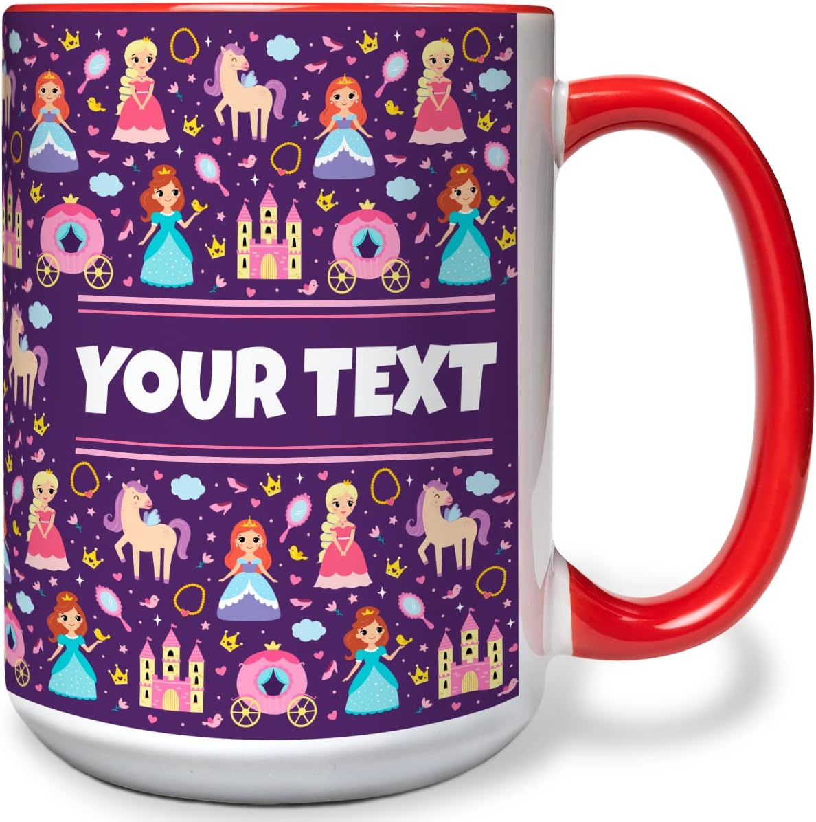 Personalized Mug for Kids - Princesses - Custom Name/Text, Ceramic Hot Chocolate/Cocoa/Coffee Cup for Girls, Birthday/Christmas/Holiday Gift - 15 oz, Red Handle