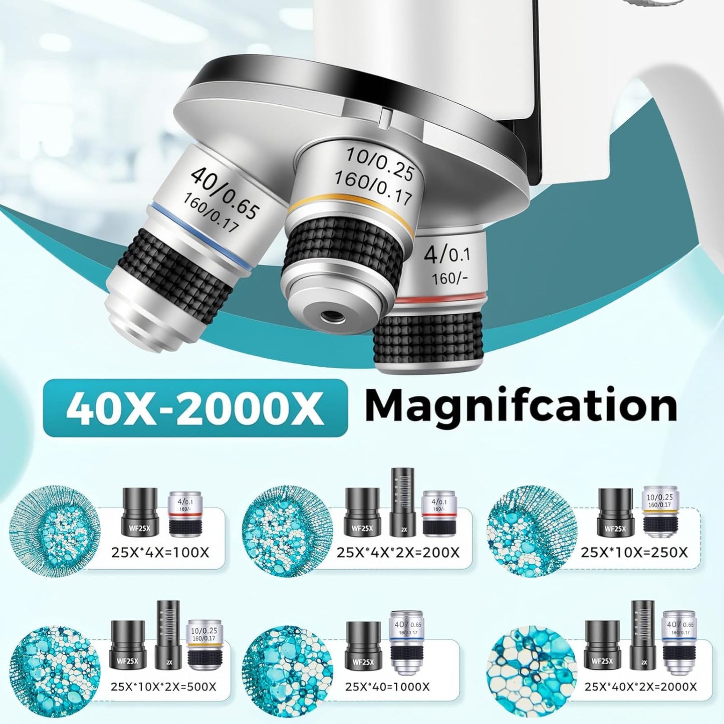 Compound Microscope for Adults & Kids - 40X-2000X High-Power Biological Microscope for Students, School Lab & Home Education, with Slides Set & Phone Adapter