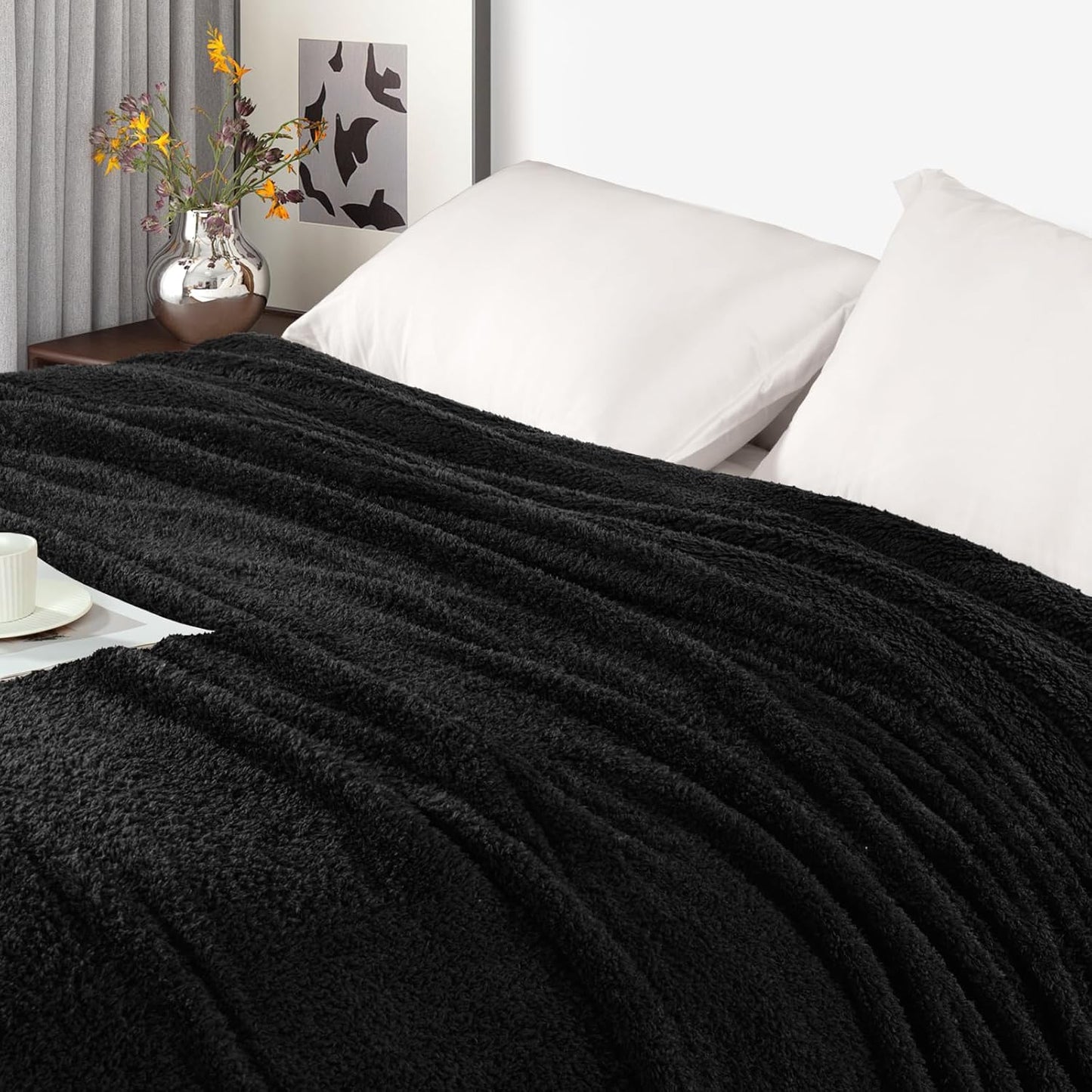 Exclusivo Mezcla Fleece Queen Blankets for Bed, Soft and Cozy Blankets for Women Men Girls Kids, Suitable for All Seasons, Black,90x90 Inches