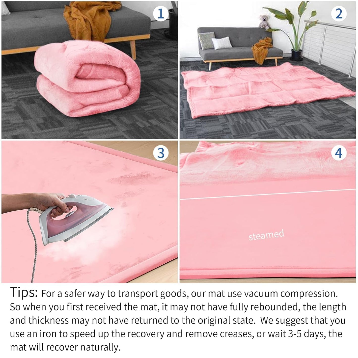 Baby Play Mat for Floor,1.3" Thick Elasti-Foam 74×50 Playpen Mat for Toddlers Infant kids,Water-Repellent Soft Coral Velvet for Tummy Time, Non-Slip Backing for Crawling,Tatami Style(Pink)