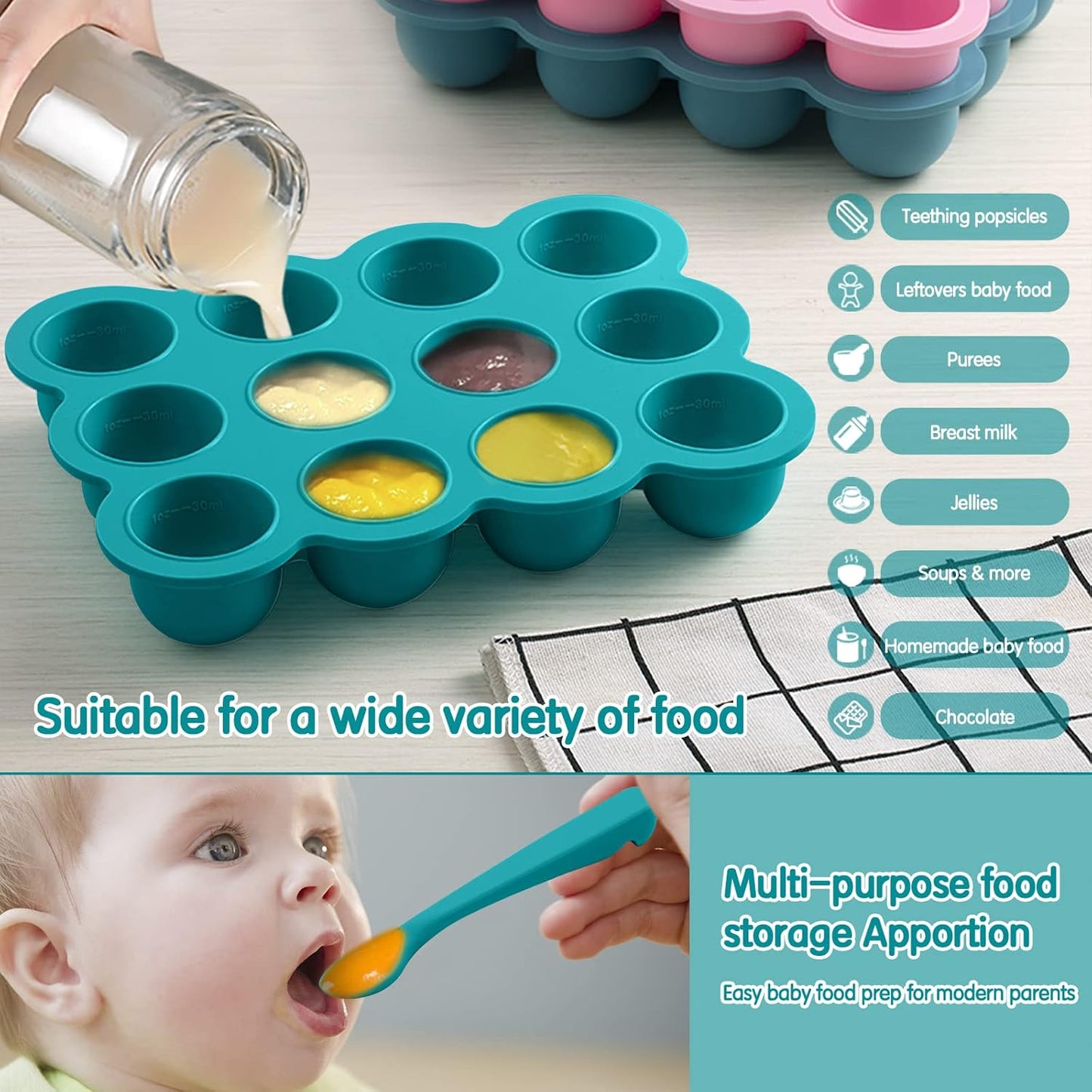 Baby Food Freezer Tray with Clip on Lid, 12 x 1.5 Ounce Baby Food Storage Container, Silicone Freezer Molds for Homemade Baby Food, Fruit Purees & Vegetables (Teal Blue)