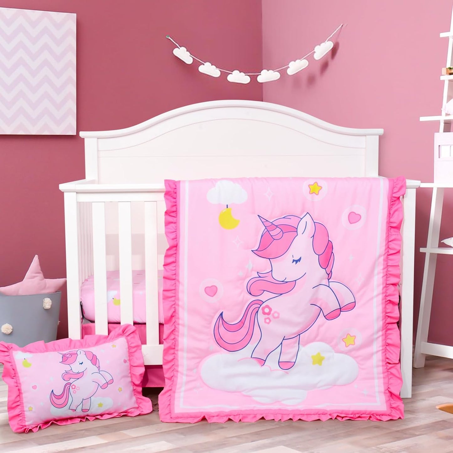 UOMNY Crib Bedding Set for Girls 4 Piece Unicorn Baby Girl Crib Bedding Sets with Baby Comforter Crib Sheet Crib Skirt Pillowcase Nursery Bedding Set